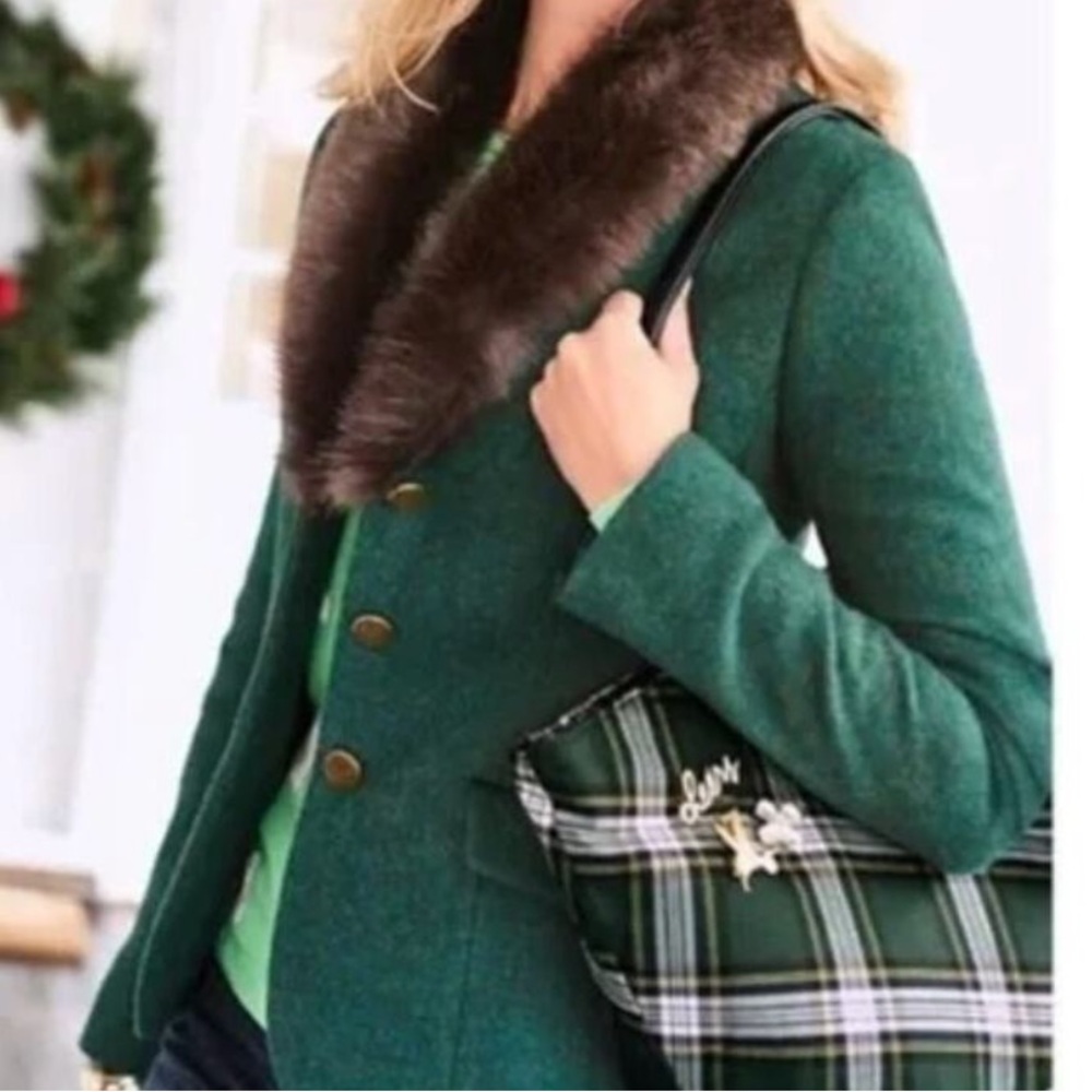 Talbots Green and Brown Wool Blazer with Faux Fur Trim